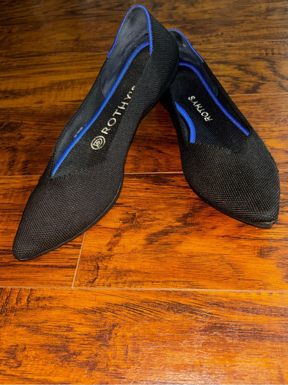 Rothy's The Point II Black Pointed Toe Flats Knit Slip-On Loafers with Blue Trim